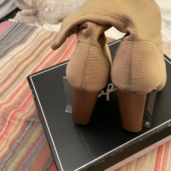 Cupid tan cloth slip on bootie with wood black heel - Picture 2 of 4